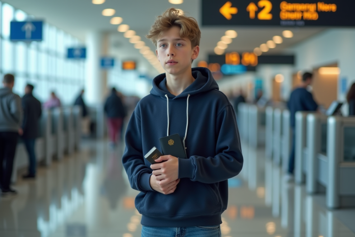 Jeune garçon à l'aéroport avec passeport et badge