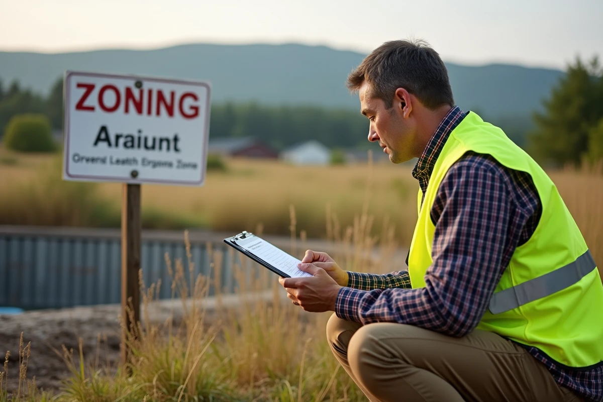Agent municipal en gilet jaune lit un panneau de zonage rural