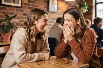 Deux amies authentiques riant ensemble dans un café chaleureux, illustrant une citation d'amitié sincère
