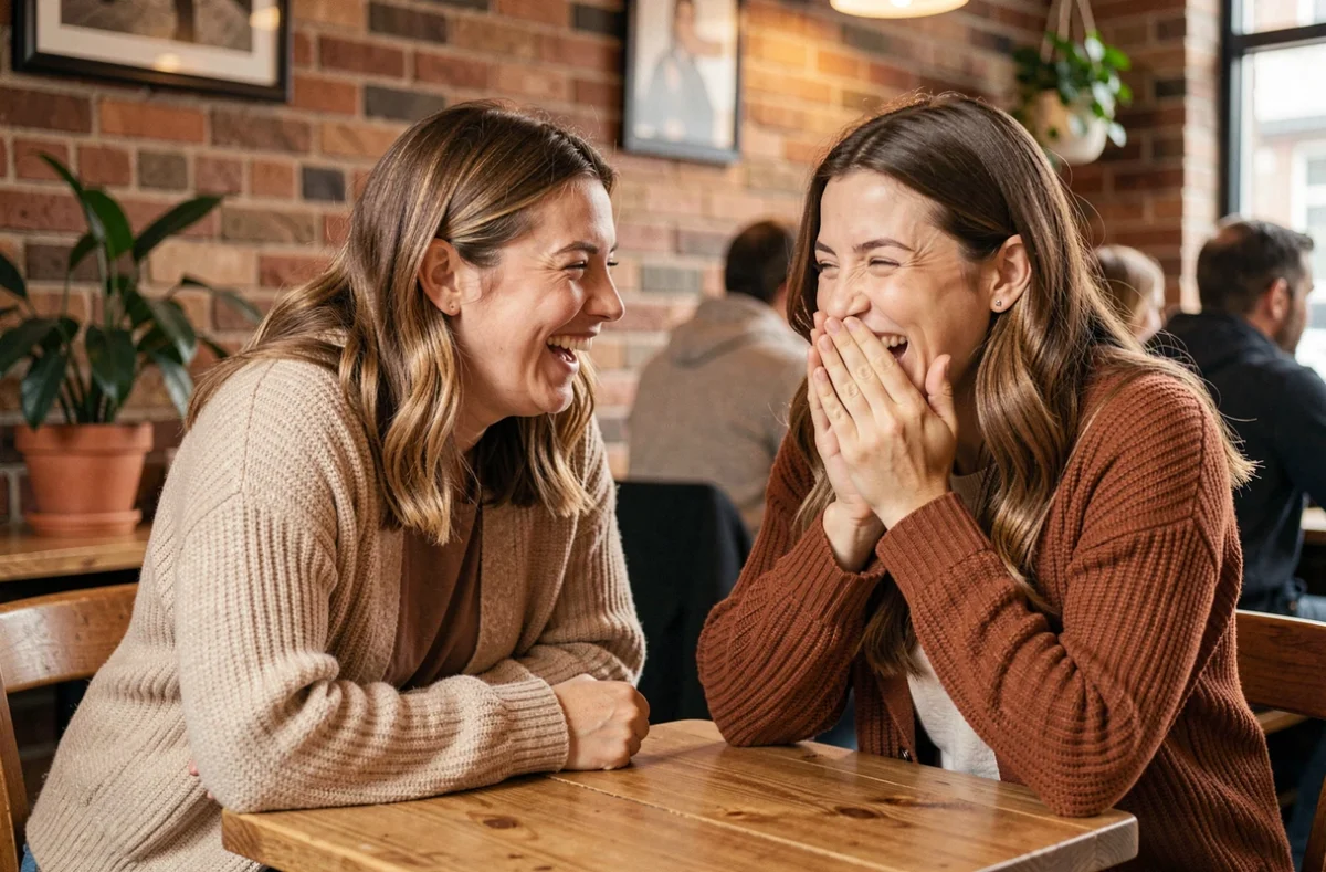 Deux amies authentiques riant ensemble dans un café chaleureux, illustrant une citation d'amitié sincère