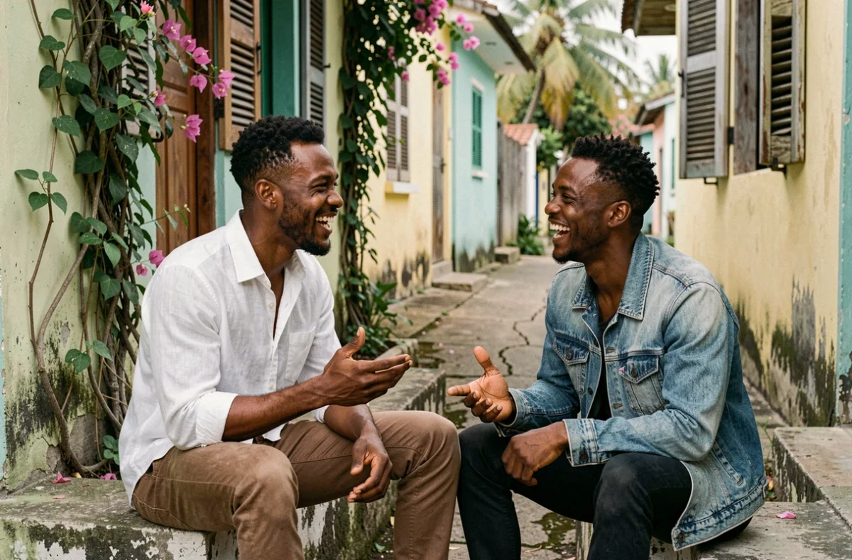 Deux jeunes hommes antillais en discussion animée et complice devant une maison colorée, représentant les échanges langagiers informels entre amis créolophones