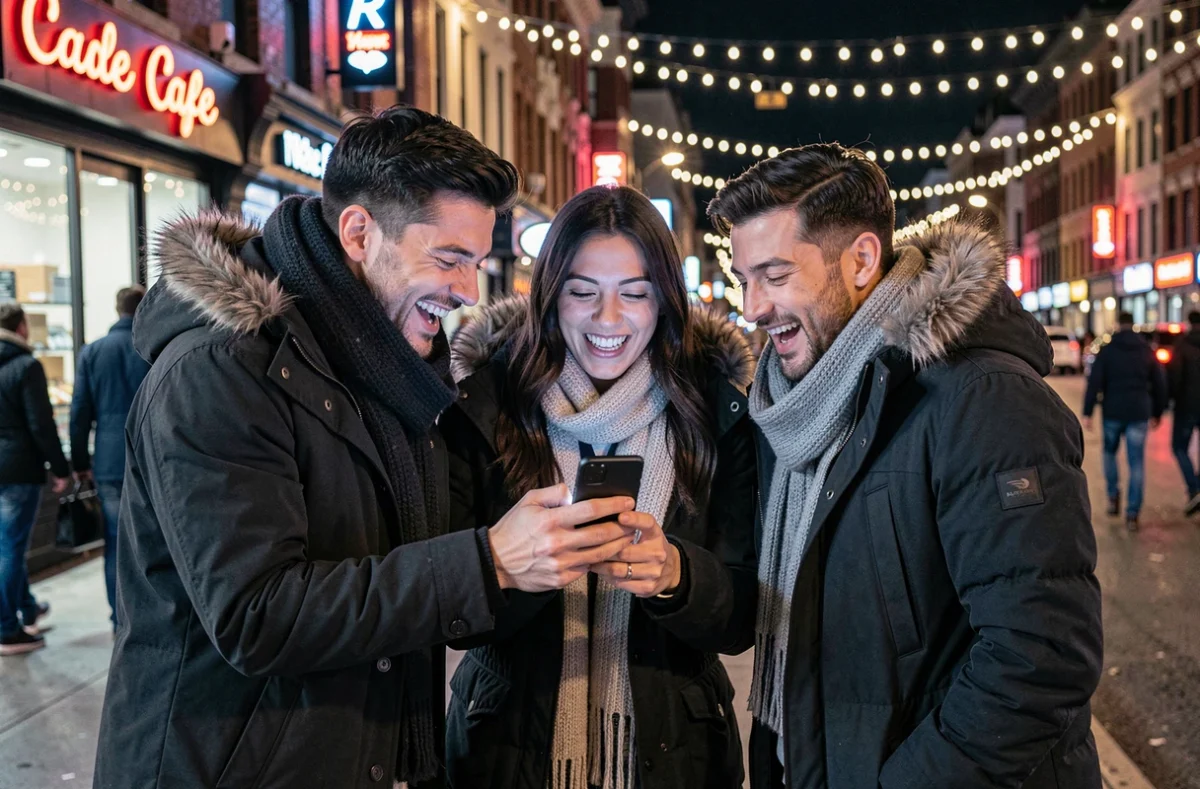 Groupe d'amis hilares lisant un SMS humoristique de bonne année 2026 dans une rue animée en hiver