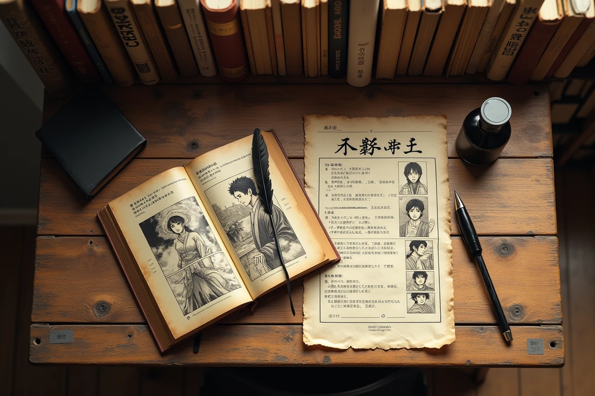 Mise en scène éditoriale avec un tome de manga One Piece ouvert et des notes d'analyse du personnage Klahadore sur un bureau en bois