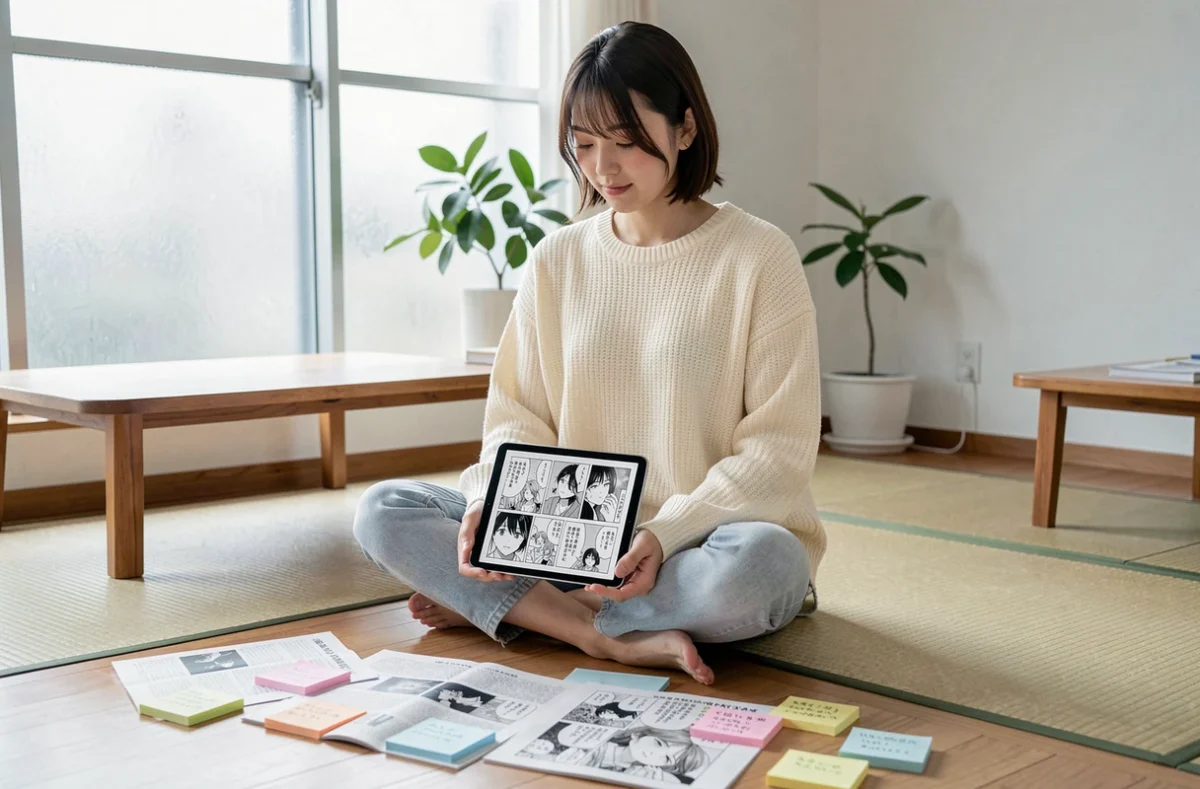 Jeune femme analysant les scans et spoilers du chapitre 1139 de One Piece sur une tablette