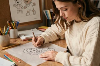 Jeune femme apprenant à dessiner Stella en décalquant un modèle sur papier calque à son bureau