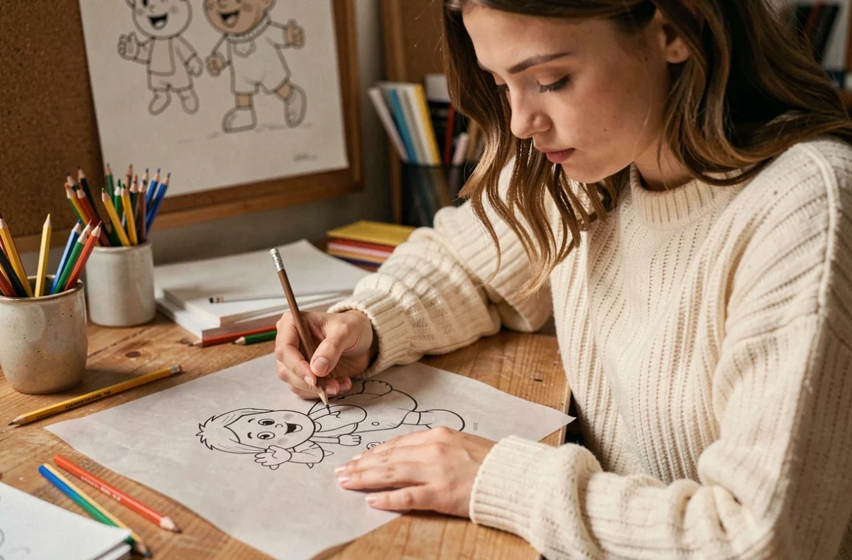 Jeune femme apprenant à dessiner Stella en décalquant un modèle sur papier calque à son bureau