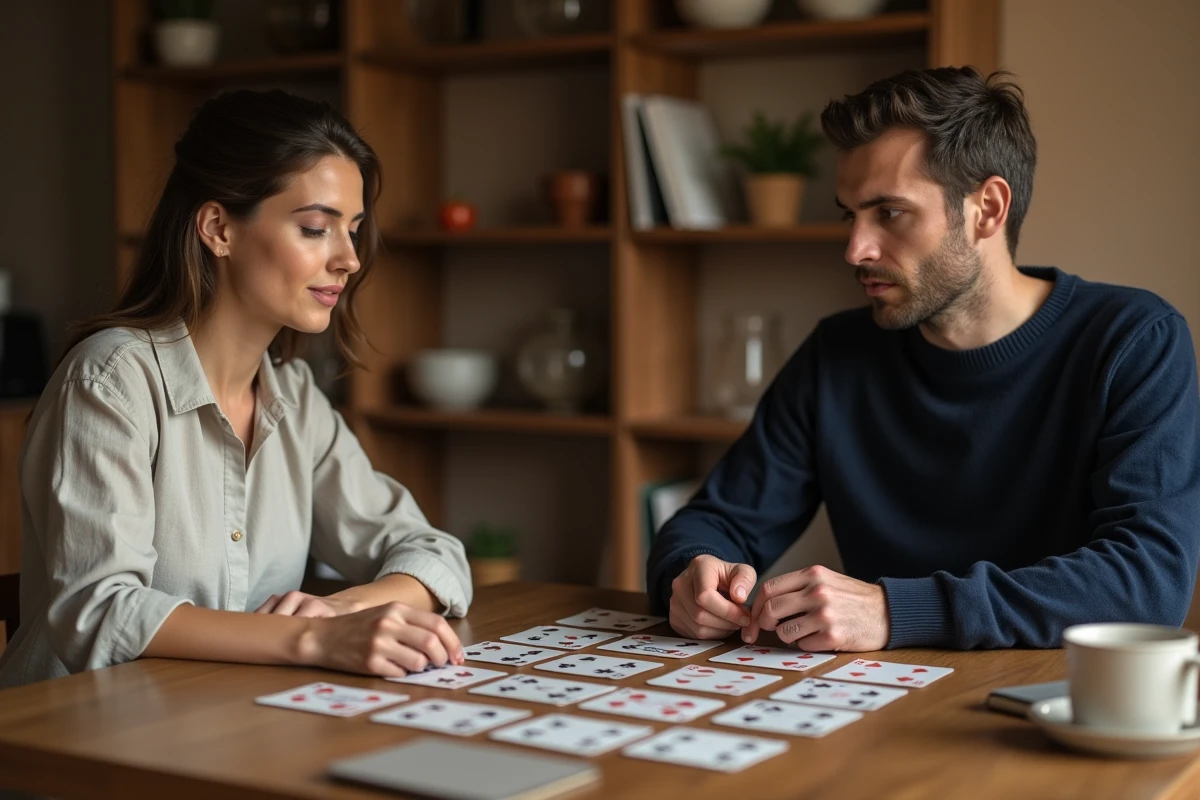 Deux joueurs adultes apprenant les règles du jeu de crapette autour d'une table en bois avec des cartes disposées en tableau