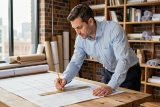 Architecte annotant des plans avec des mesures de conversion de m2 en m3 sur une grande table à dessin en bois dans un studio professionnel