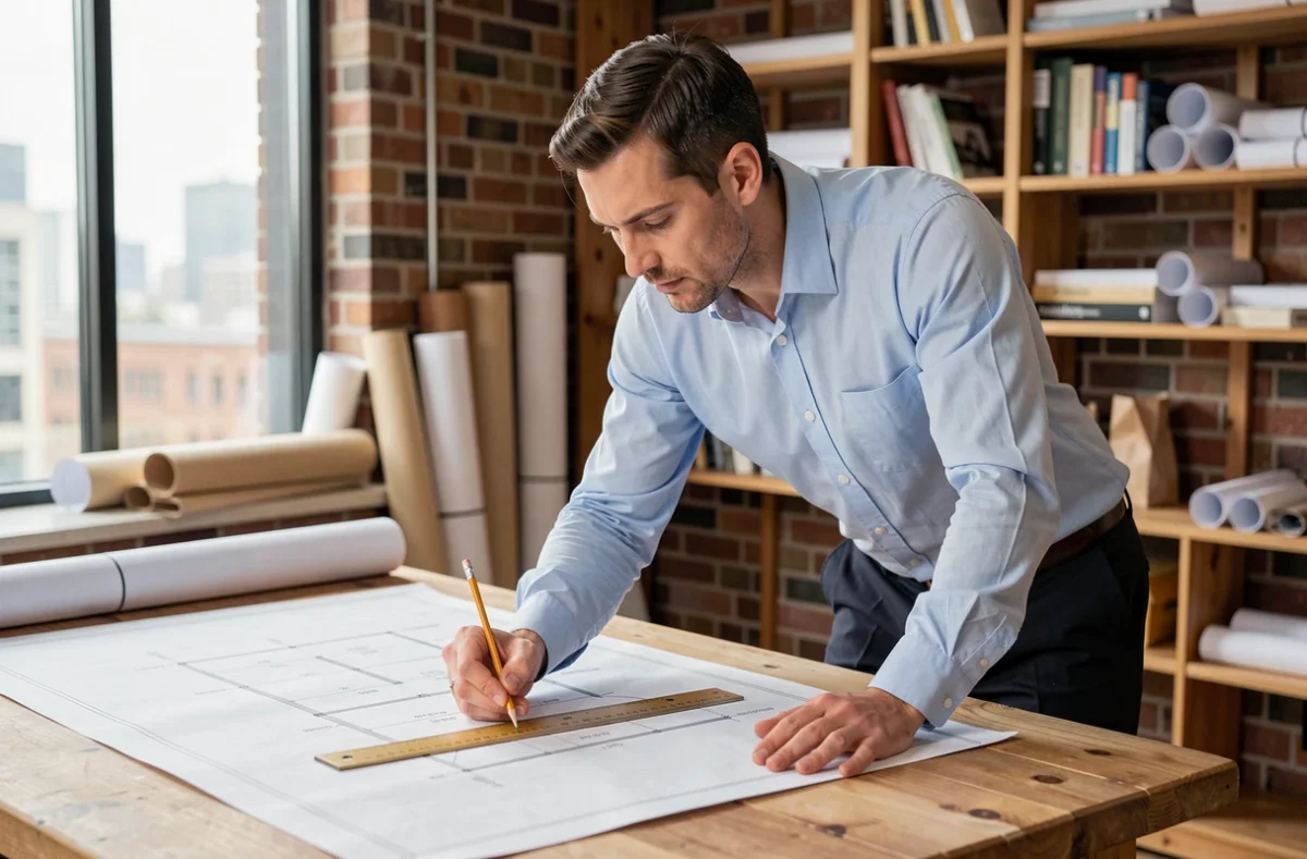 Architecte annotant des plans avec des mesures de conversion de m2 en m3 sur une grande table à dessin en bois dans un studio professionnel