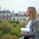Toits verts : histoire et historique des toitures végétalisées en 2025 Architecte femme regardant un toit vert en ville