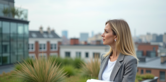 Architecte femme regardant un toit vert en ville