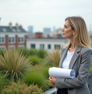 Toits verts : histoire et historique des toitures végétalisées en 2025 Architecte femme regardant un toit vert en ville