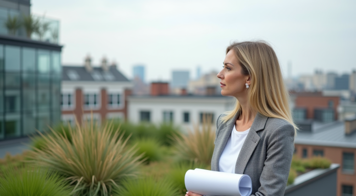 Toits verts : histoire et historique des toitures végétalisées en 2025 Architecte femme regardant un toit vert en ville