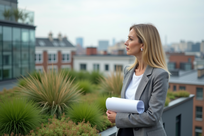 architecte-toit-urbain Architecte femme regardant un toit vert en ville