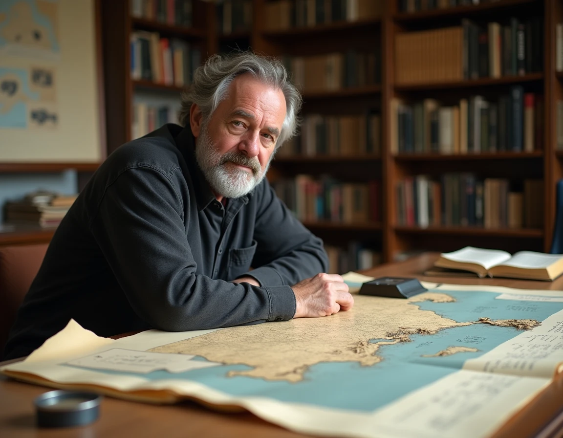 Chercheur analysant des archives historiques et cartes topographiques sur le mégatsunami de 1958 en Alaska