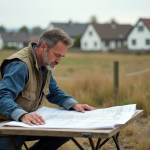 Constructibilité d’une zone : comment savoir si elle peut devenir construtible ? Arpenteur en pleine analyse de plans topographiques en extérieur