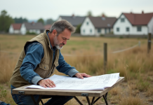 Arpenteur en pleine analyse de plans topographiques en extérieur