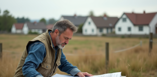 Arpenteur en pleine analyse de plans topographiques en extérieur