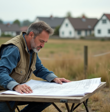 Arpenteur en pleine analyse de plans topographiques en extérieur