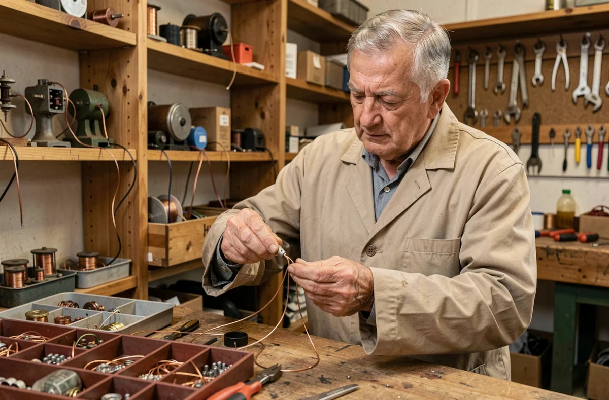 Artisan Folliot réalisant une épissure de câblage cuivre dans son atelier parisien d'électricité