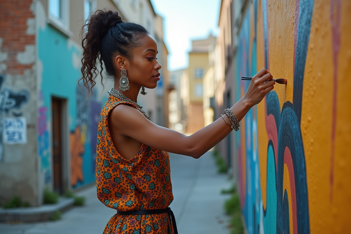 Femme artiste peignant une fresque murale urbaine colorée