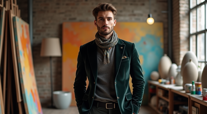 Artiste le plus stylé au monde : découvrir qui décroche ce titre mythique ! Artiste masculin en blazer velours dans son studio créatif