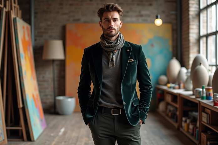 artiste-masculin-velours-studio Artiste masculin en blazer velours dans son studio créatif