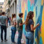 Mouvements artistiques actuels : quels sont-ils en France et dans le monde ? Groupe d'artistes urbains peignant une fresque dans une place française