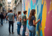 Groupe d'artistes urbains peignant une fresque dans une place française