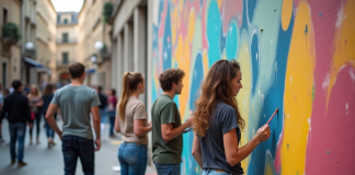Mouvements artistiques actuels : quels sont-ils en France et dans le monde ? Groupe d'artistes urbains peignant une fresque dans une place française