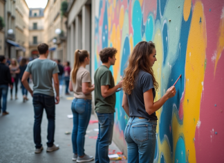 Mouvements artistiques actuels : quels sont-ils en France et dans le monde ? Groupe d'artistes urbains peignant une fresque dans une place française