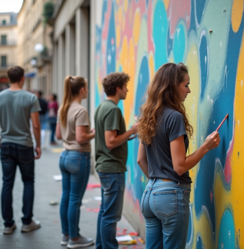 Mouvements artistiques actuels : quels sont-ils en France et dans le monde ? Groupe d'artistes urbains peignant une fresque dans une place française