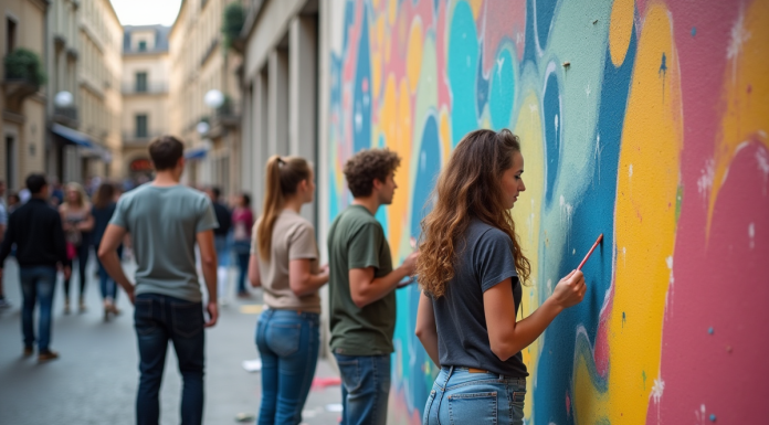 Mouvements artistiques actuels : quels sont-ils en France et dans le monde ? Groupe d'artistes urbains peignant une fresque dans une place française
