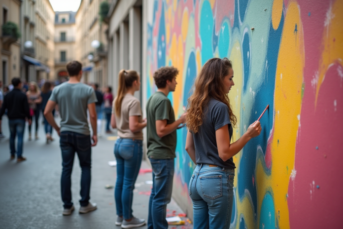 Groupe d'artistes urbains peignant une fresque dans une place française