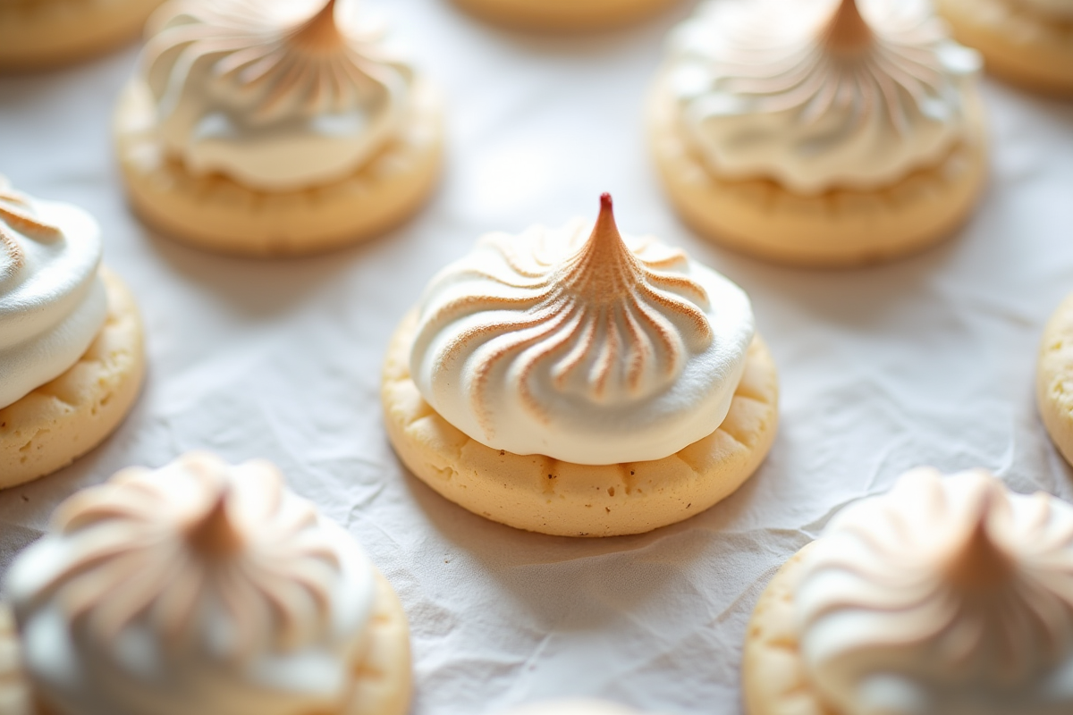 Vue de dessus de biscuits meringue amande sur papier cuisson