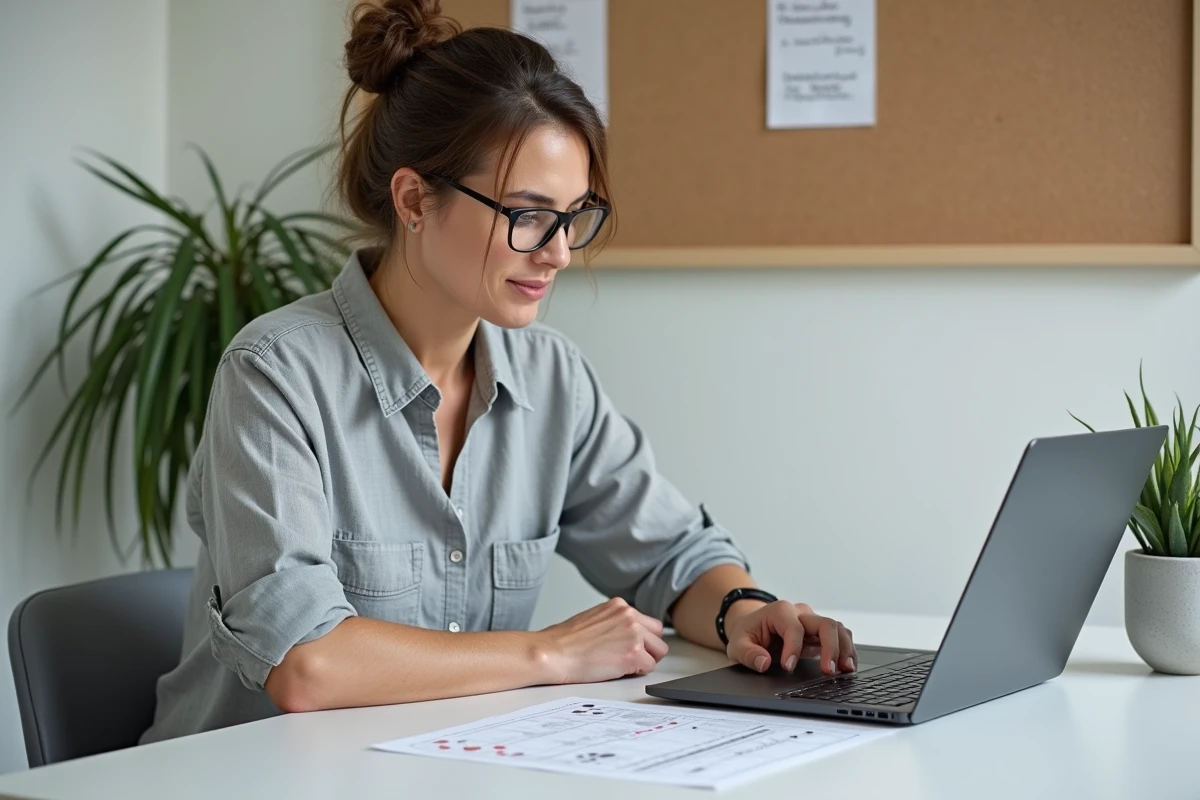 Femme consultant des avis sur un site de tactiques de bridge depuis son bureau à domicile