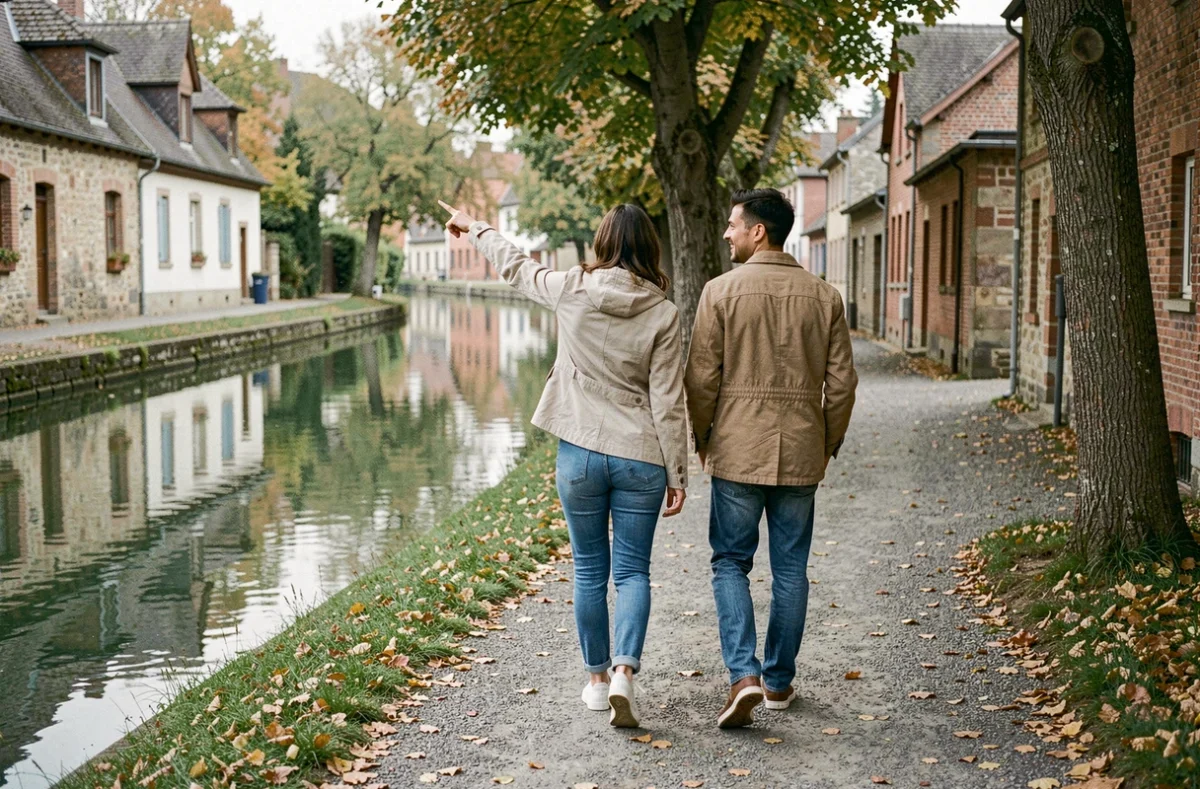 Couple se promenant le long du canal à Saralbe lors d'une balade de week-end en automne