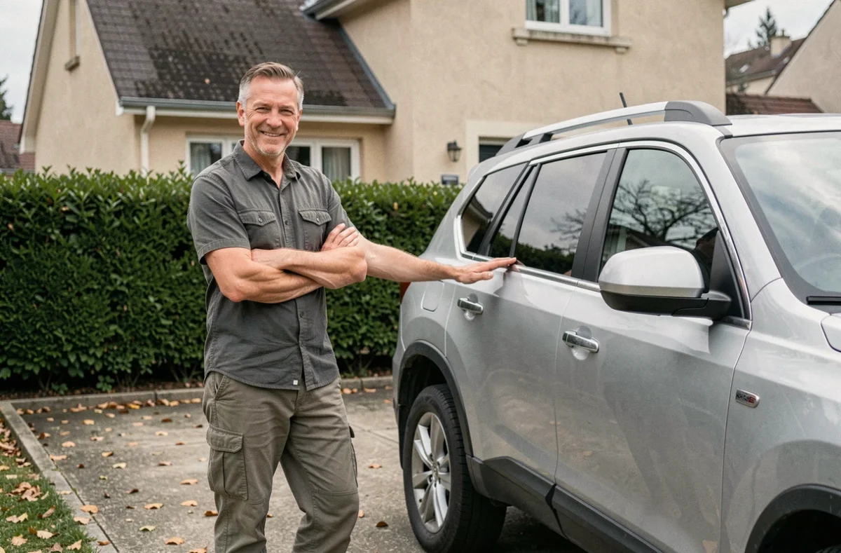 Homme d'âge mûr posant fièrement devant son grand SUV argenté dans une allée de maison de banlieue
