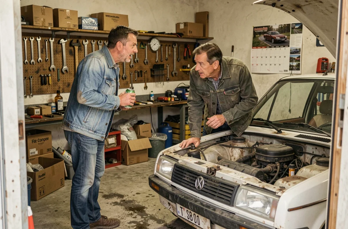 Deux hommes en pleine discussion animée dans un garage encombré, l'un tenant une bière et l'autre penché sur le moteur d'une vieille voiture