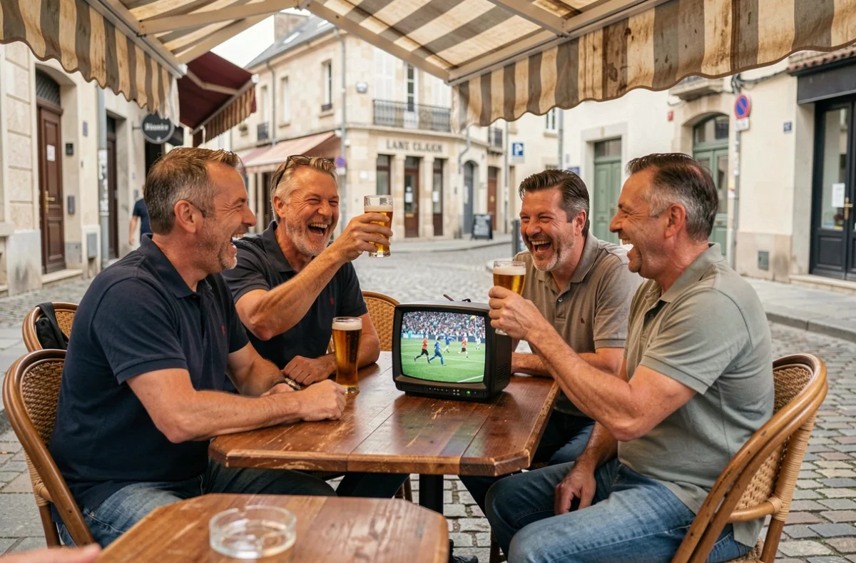 Groupe d'hommes d'âge mûr attablés en terrasse de café avec des bières, regardant le foot sur un écran portable