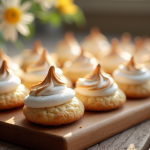Biscuits amande meringue fraîchement cuits sur une table en bois