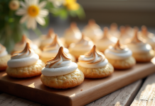 Biscuits amande meringue fraîchement cuits sur une table en bois