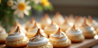 Biscuits amande meringue fraîchement cuits sur une table en bois
