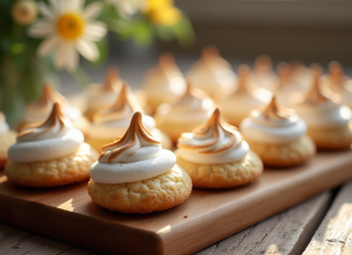 Biscuits amande meringue fraîchement cuits sur une table en bois
