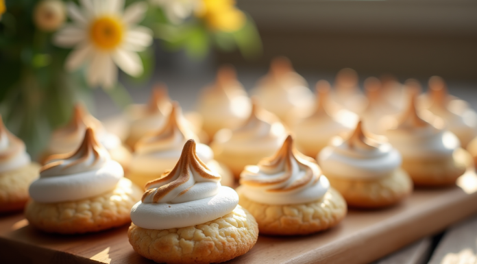 Biscuits amande meringue fraîchement cuits sur une table en bois