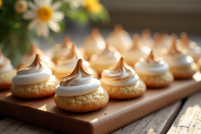 Biscuits amande meringue fraîchement cuits sur une table en bois