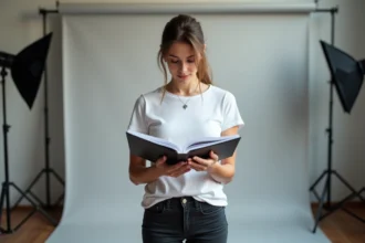 Femme tenant un book photo professionnel dans un studio photo pour un casting figurant