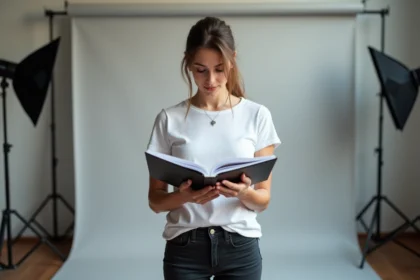 Femme tenant un book photo professionnel dans un studio photo pour un casting figurant