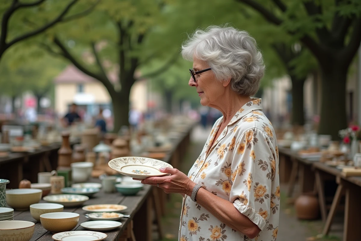 Femme examinant une assiette ancienne sur un stand de brocante en plein air en Meurthe-et-Moselle