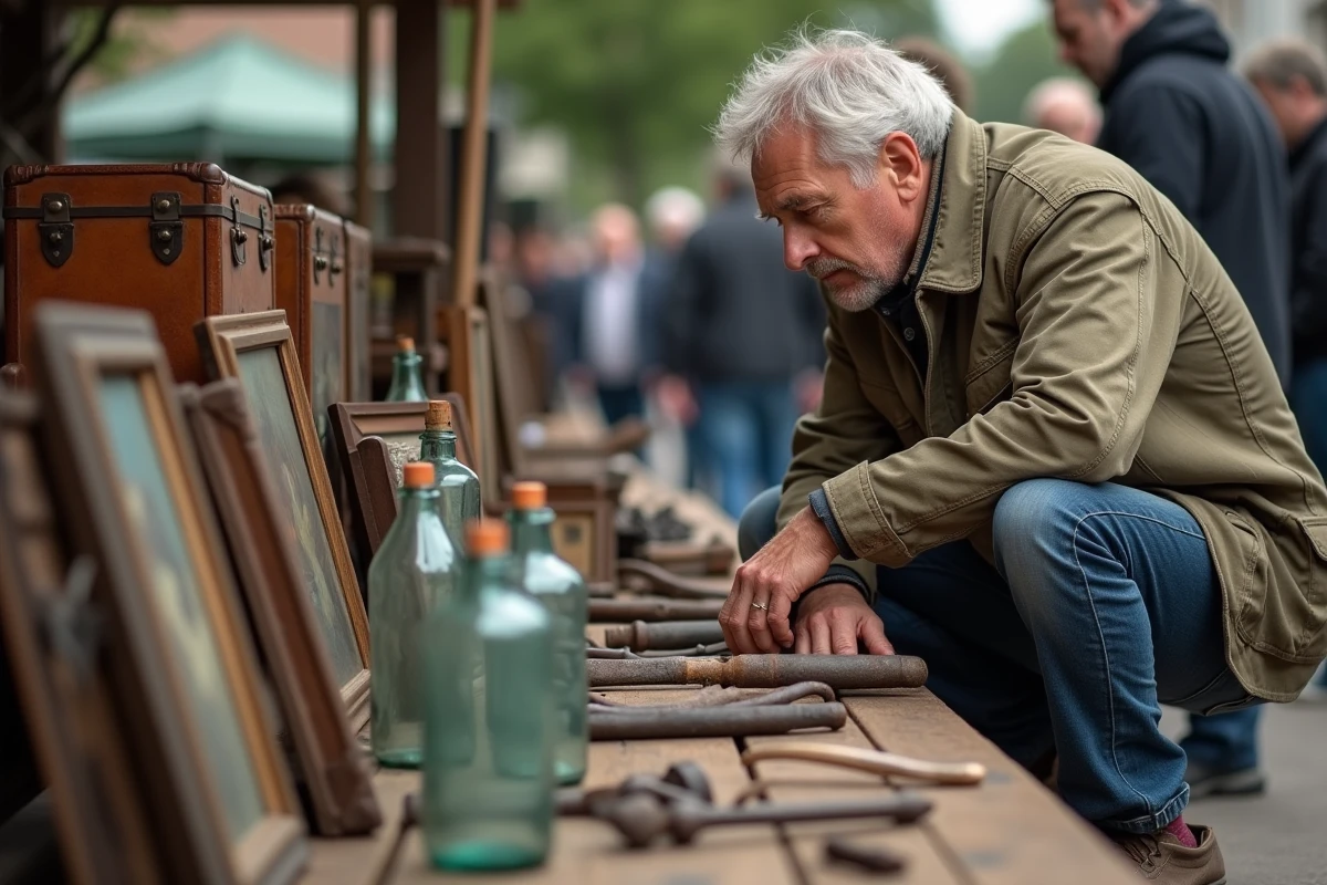 Homme inspectant des outils anciens et des bouteilles en verre sur un stand de brocante en Lorraine